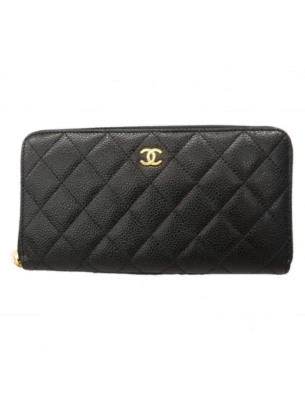 Chanel Wallet Quilted Caviar Leather Black Gold